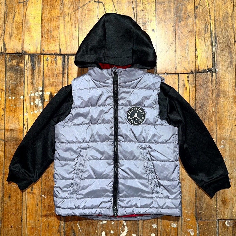 Jordan Puffer Jacket Boys 3T Gray Black Long Sleeve Hooded Full Zipper Outdoor